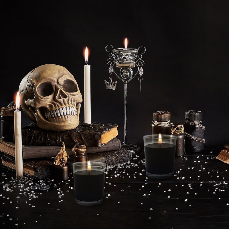 BERYSCEN Set of 4 Black Votive Candles for Halloween Pumpkin, Clear Glass Filled Unscented Soy Wax Candle for Dinner, Parties, Home Decorations and DIY - Image 2